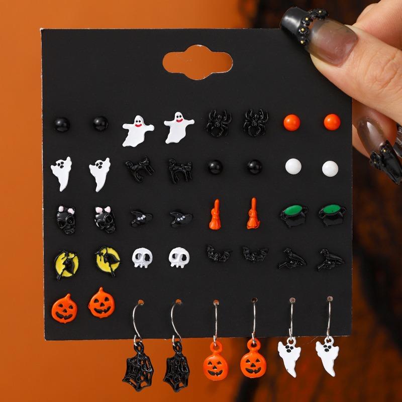 Hot Sale Halloween Stud Earrings Combination Cartoon Funny Pumpkin Head Ghost Bat Element Stud Earrings Set