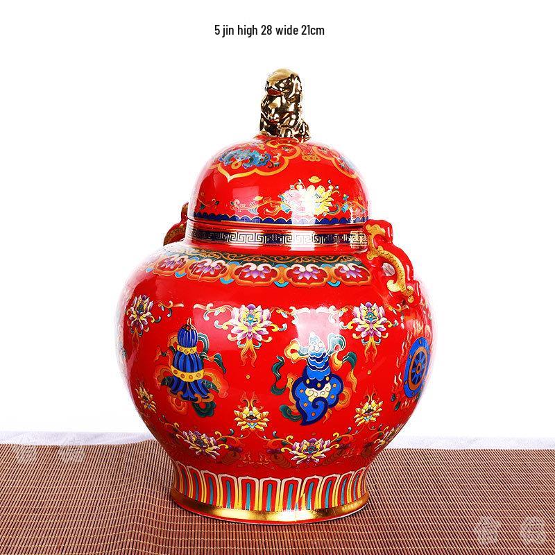 

Sealed Eight Treasures Red Doucai Ceramic Wine Jar with Double Ears