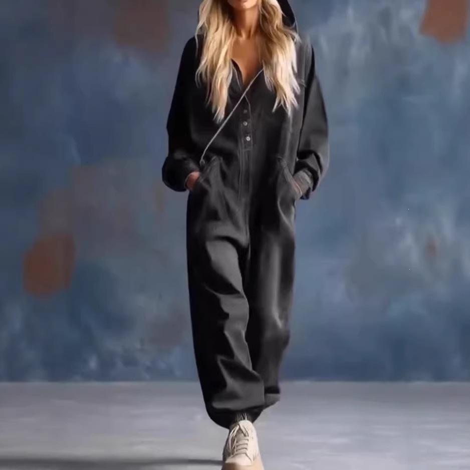 Női utcai laza hosszú elegáns egysoros farmer overall hosszú ujjú egyszínű kapucnis romper