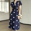 ZANZEA Women Casual Turn Down Collar Loose Short Sleeve Polka Dot Print Dress