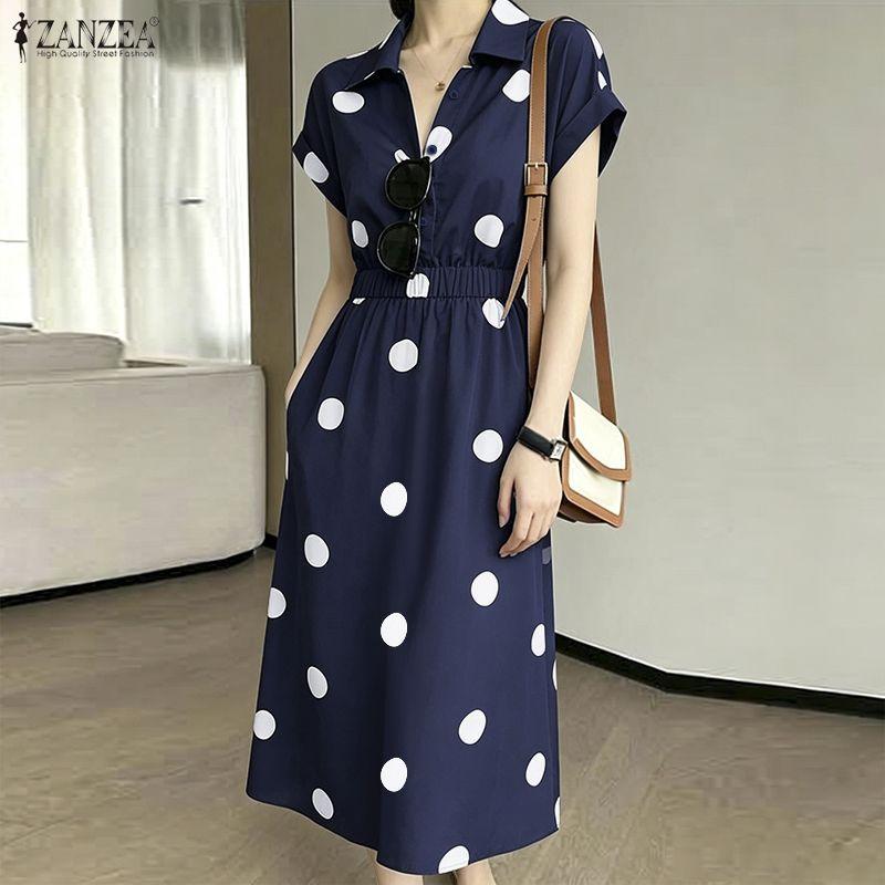 ZANZEA Women Casual Turn Down Collar Loose Short Sleeve Polka Dot Print Dress