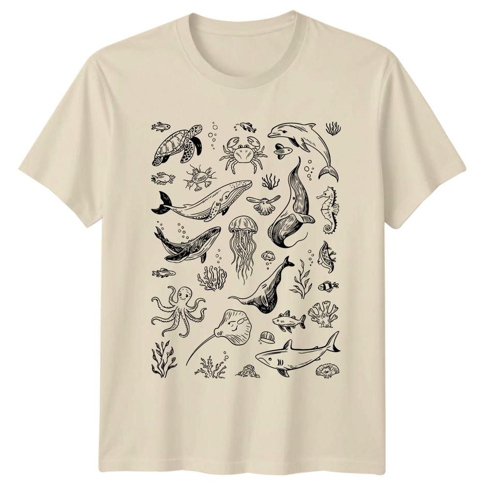 Ocean Life Marine Animals Hand Drawn Graphic Tee Unisexs TShirt Unisexs Top