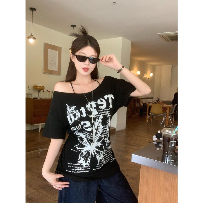 

No Sale #Spice Girl White Slash Shoulder Bow Short Sleeve T-Shirt Women s Summer Strap Waist Off-Shoulder Half Sleeve Top XL чорний
