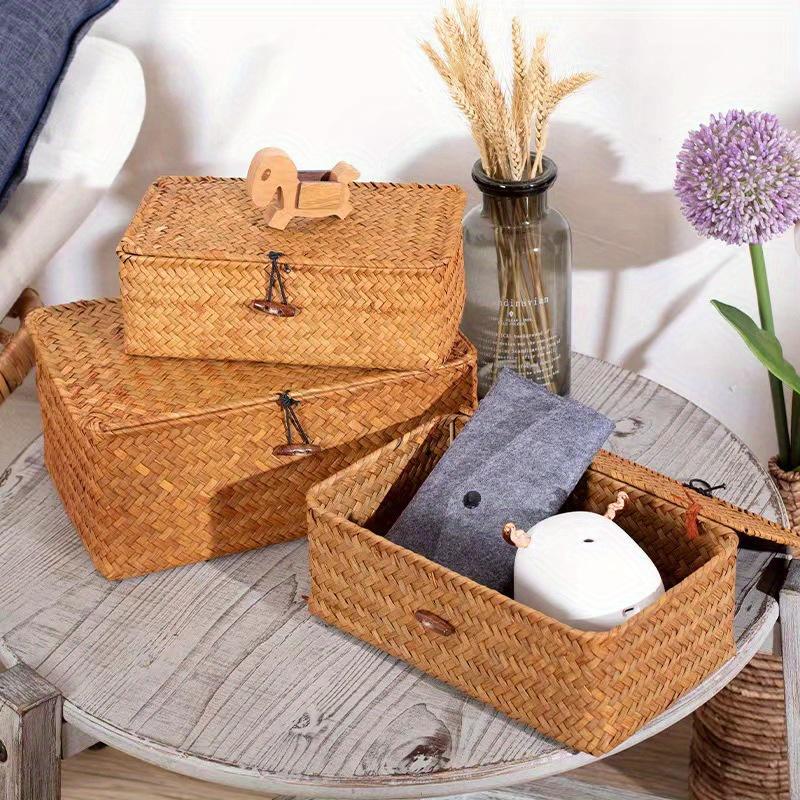 Brown/beige/coffee 3-pieces Set Grass Woven Home Sundry Storage Box with Lid Cover buckle,toy&Towel&Dirty Clothes Collecting Basket Container.