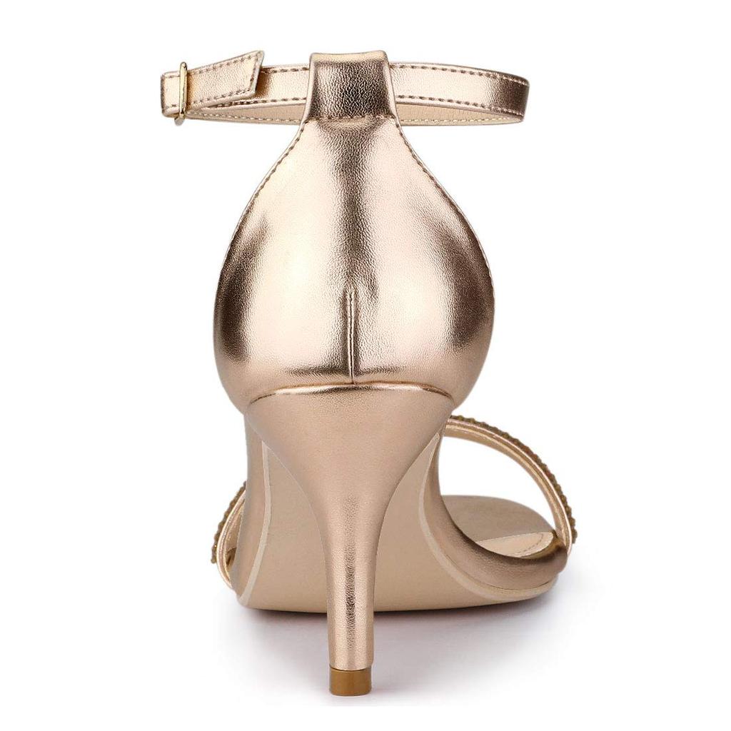 Allegra K Women's Rose Gold Strappy High Heel Sandals with Rhinestones and Shiny Ankle Straps, Size 24.5