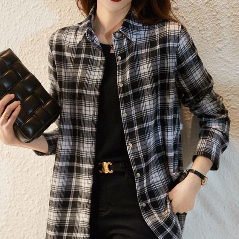 Women's Shirt New Spring Autumn Long Sleeve Single-breasted Polo-neck Casual Printing Plaid Office Lady Elegant Fashion Cardigan
