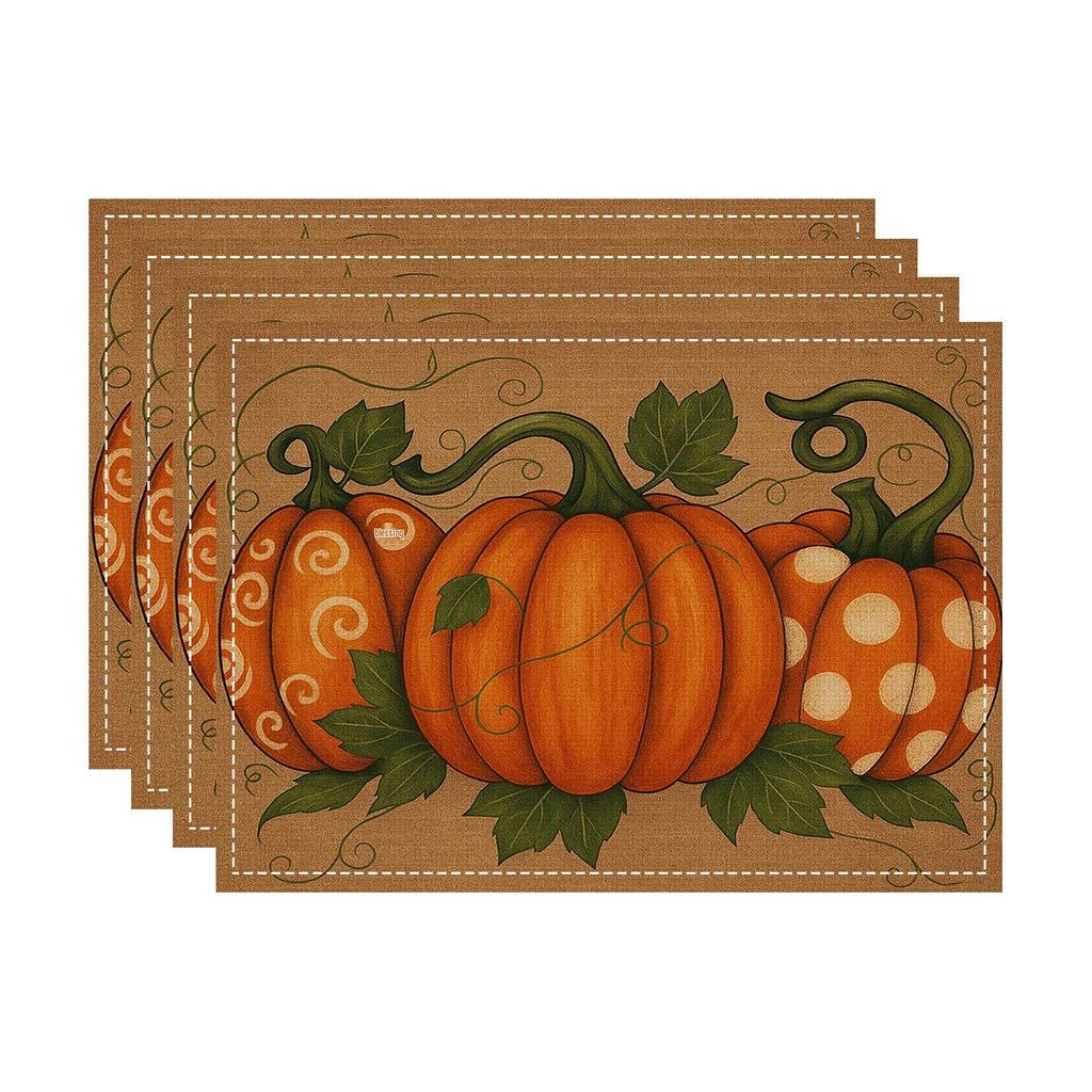 2025 Thanksgiving Pumpkin Maple Leaf Linen Table Mat: Heat-Resistant Autumn Placemat & Coaster Set