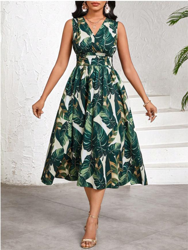 Women Sleeveless V Neck Green Leaf Print A Line Midi Dress S