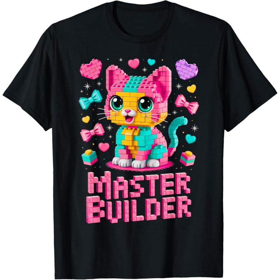 Master Builder Cat Lover Building Bricks Blocks Kids Girls T-Shirt S