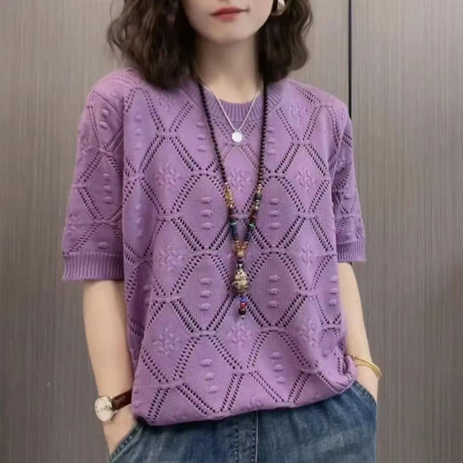 

Французский ажурный летний тонкий вязаный свитер с короткими рукавами, женский модный свободный топ с круглым вырезом в западном стиле, уменьшающий возраст One Size фиолетовый