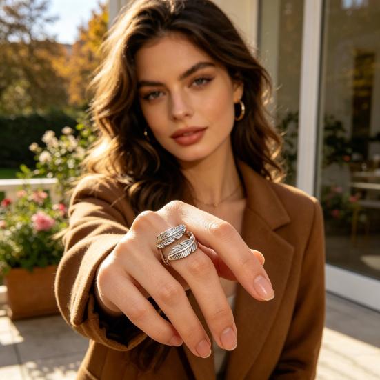 Finger Ring Feather Shape Open Adjustable Fit Women Ring Stainless Steel Texture Freedom Lightness Symbol Stacking Layered Base Ring