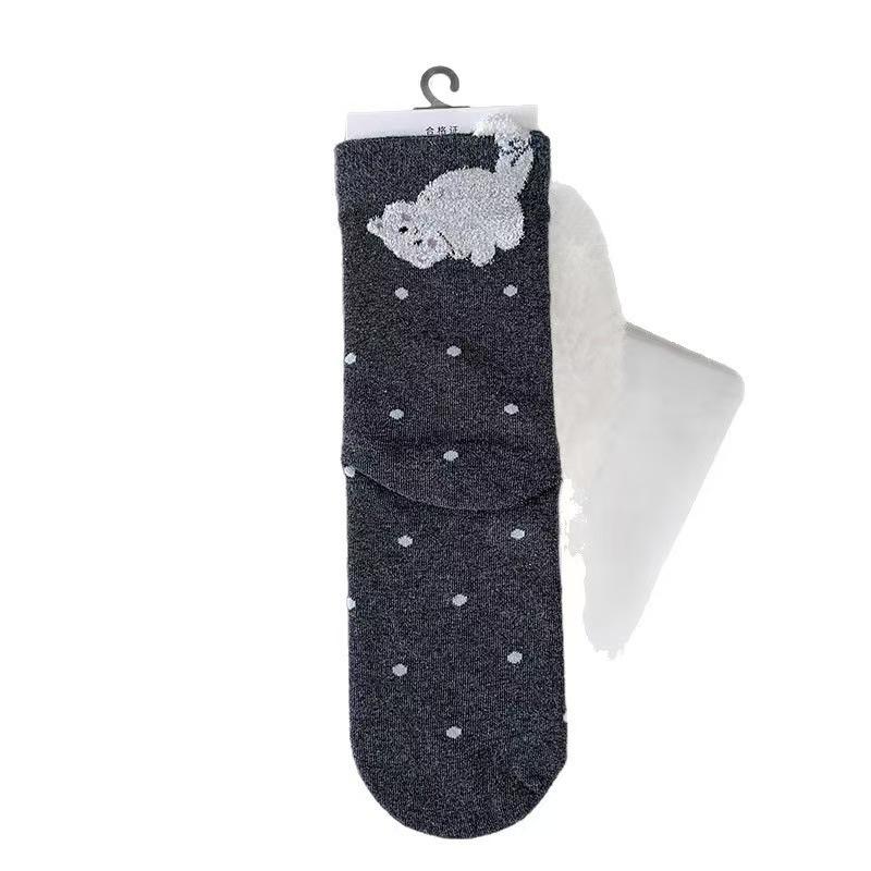 Cartoon Kitten Plush Mid-calf Socks, Girls' Pile Socks, College-style Cotton Socks, Cute Outfit Polka Dot Cat Socks