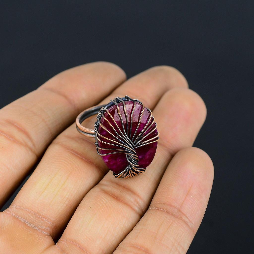 Tree of Life Lab-Created Ruby Gemstone Copper Wire Wrapped Handmade Jewelry Ring For Her