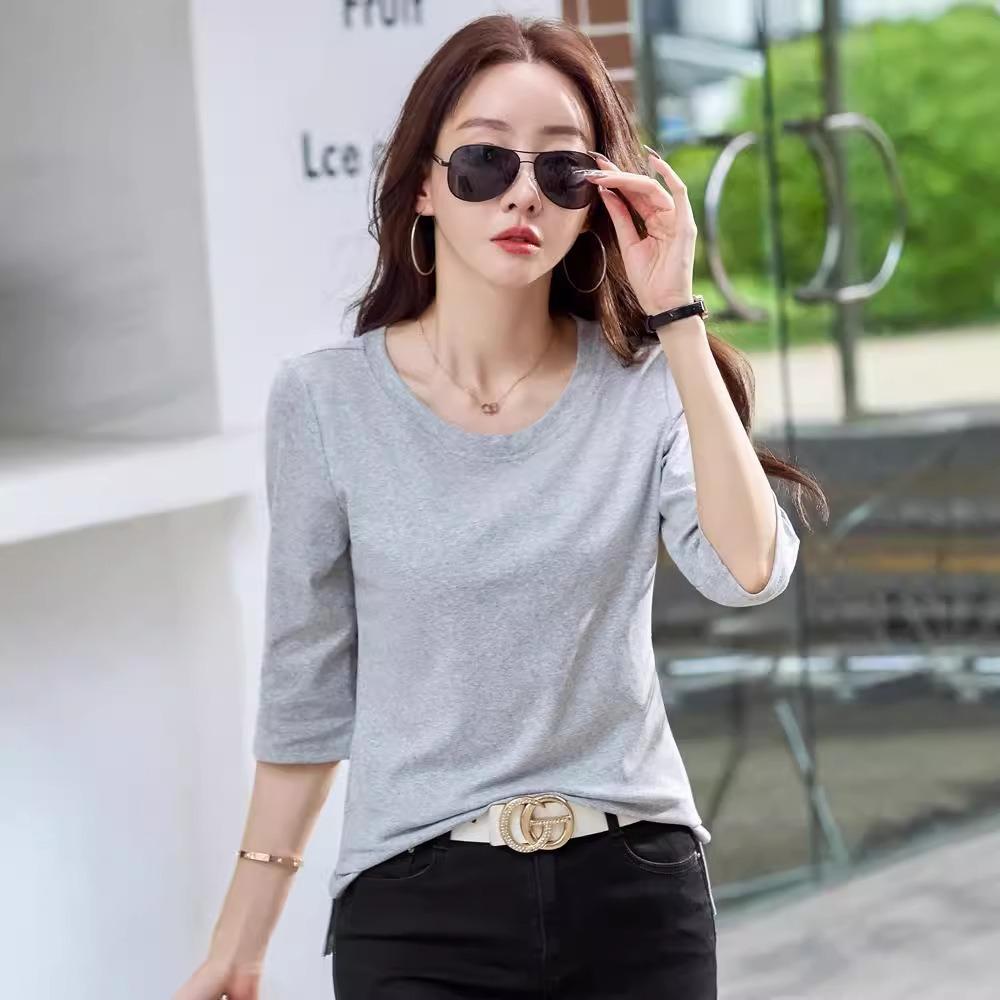 Women's Summer T Shirt Women Cotton O-Neck Streetwear Tshirt Short Sleeve Solid Color Three Quarter Sleeve Tee Shirt Femme Sexy