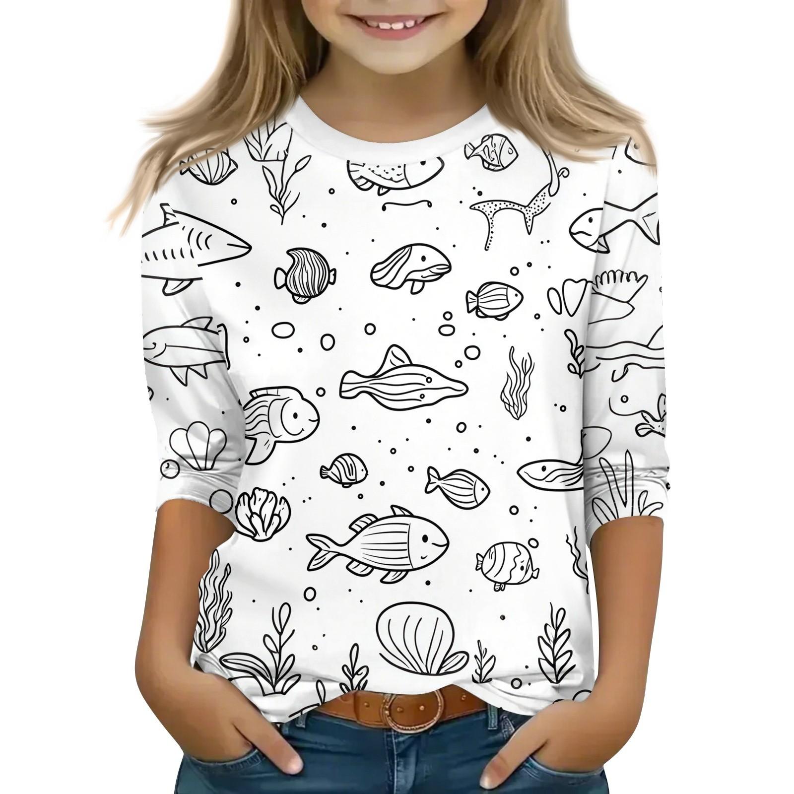 

Детские топы с рукавами 3/4, футболка с принтом, круглый вырез, пуловер, блузка, детские раскрашенные вручную цветные топы 150