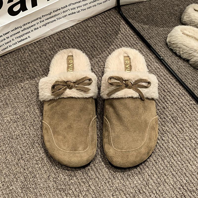 One-pedal bag head fluffy half slippers women's autumn and winter velvet outer wear 2025 new retro thermal cotton slippers