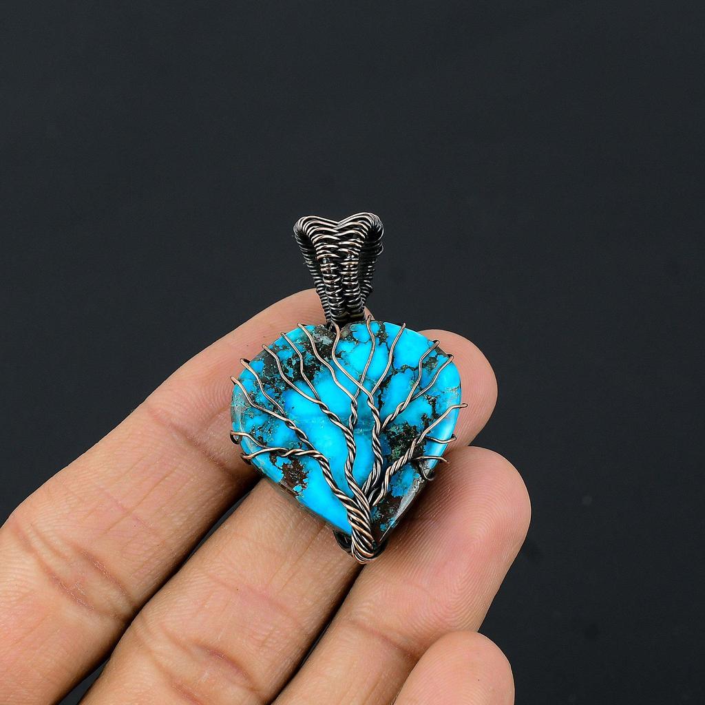 Tree Of Life Tibetan Turquoise Pendant, 999 Copper Wire Wrapped Gemstone Jewelry, Handmade Pendant, For Thanksgiving