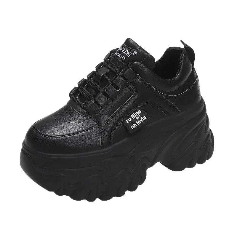Fashion White Black Chunky Sneakers Women Spring Autumn Thick Bottom Shoes Woman Fashion PU Leather Platform Casual Sneakers Ladies