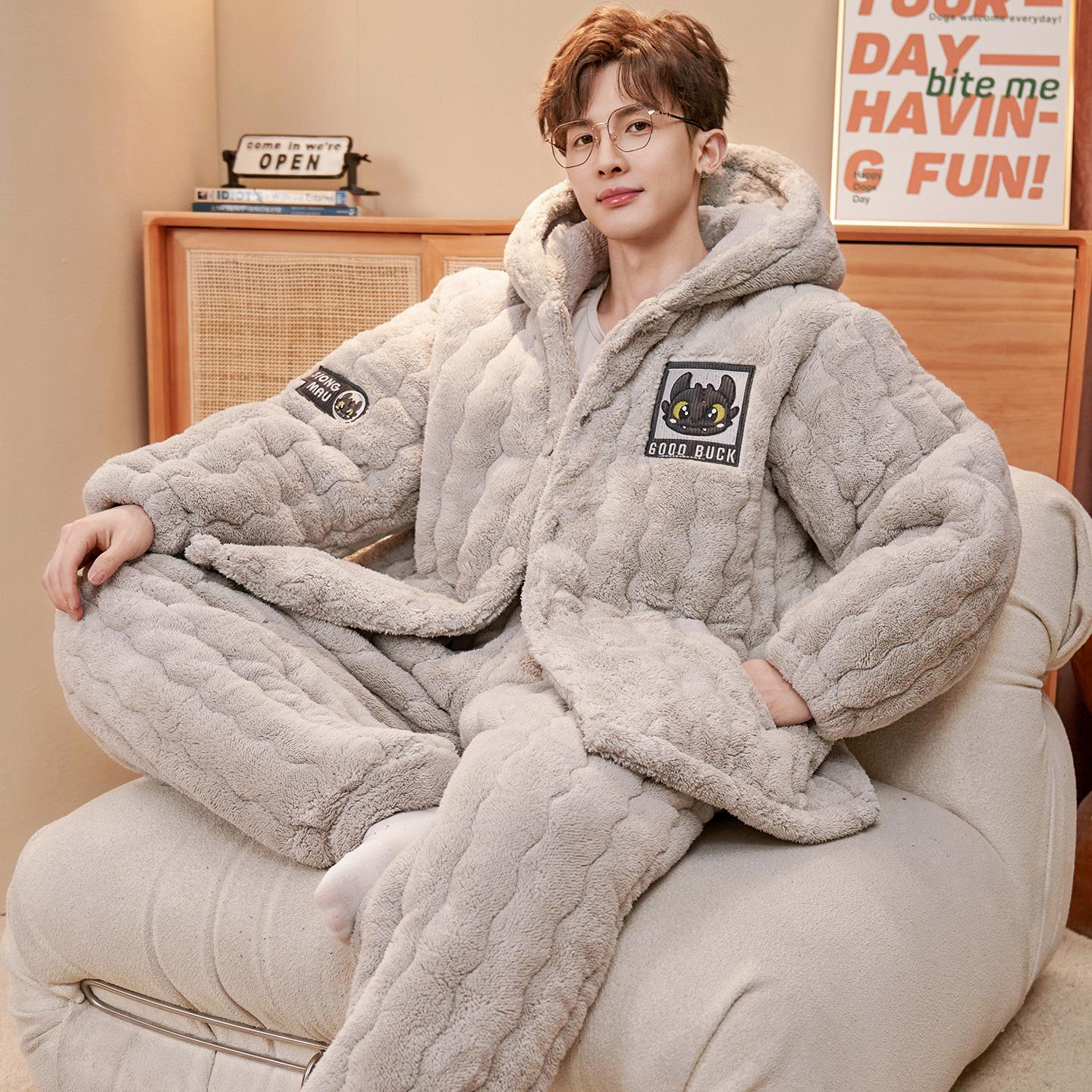 Pajamas Men`S Winter Three-Layer Cotton Padded