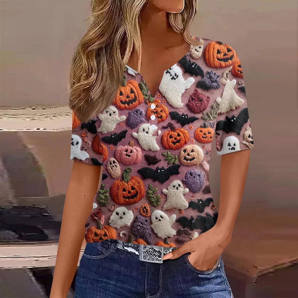 Damen T-Shirt Halloween Bedruckt Knopf Kurzarm Tunika Täglich Wochenende Mode Basic V-Ausschnitt Reguläres Oberteil