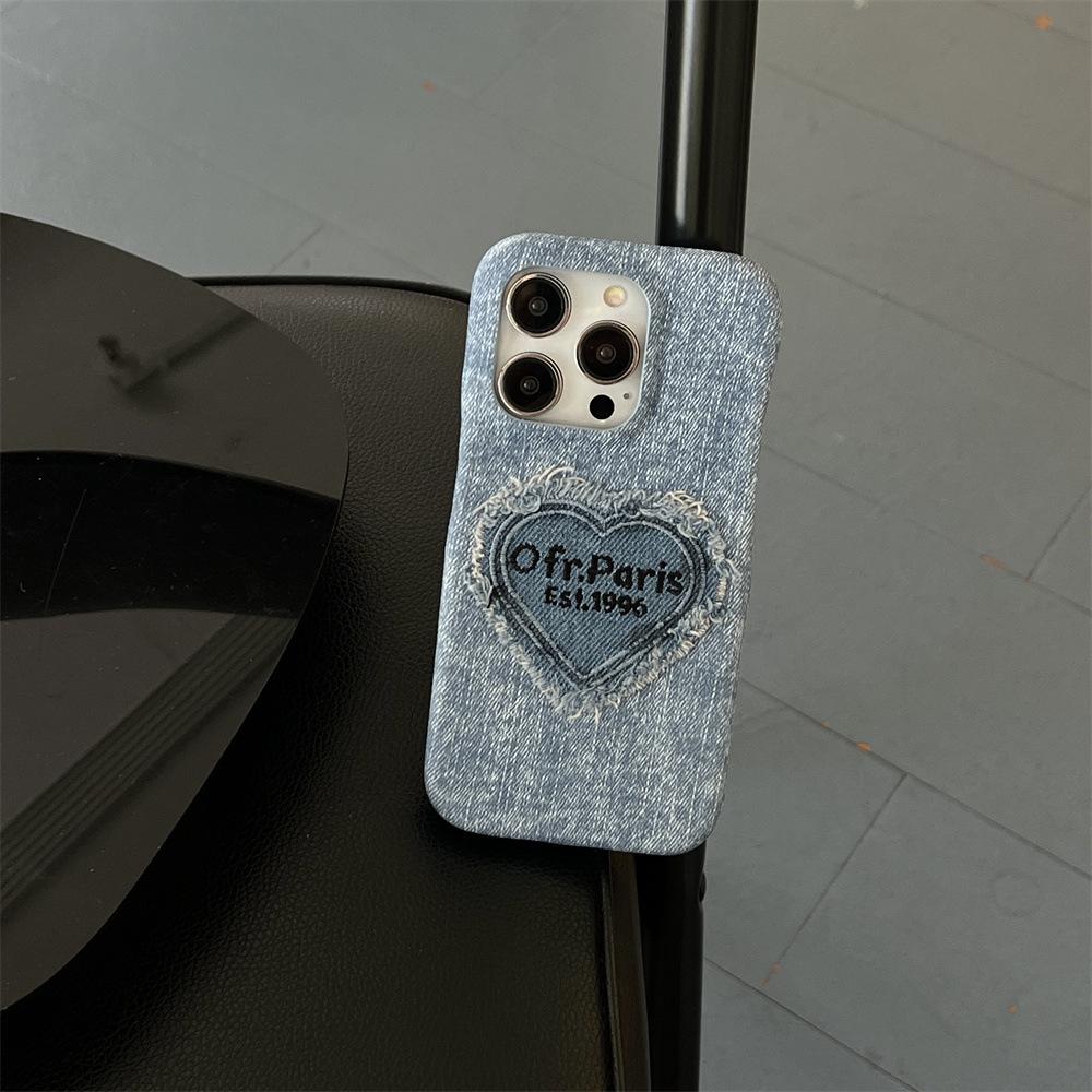 Denim Embroidery Heart Cartoon Phone Case for iPhone 13/12/14/15/16/17 PRO