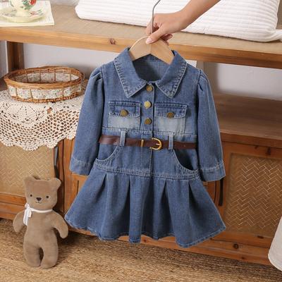 Nouvelle Robe en Denim Tendance pour Petites Filles, Manches Longues Style Coréen, Printemps et Automne, Col Rabattu, Robe en Denim Cintrant la Taille