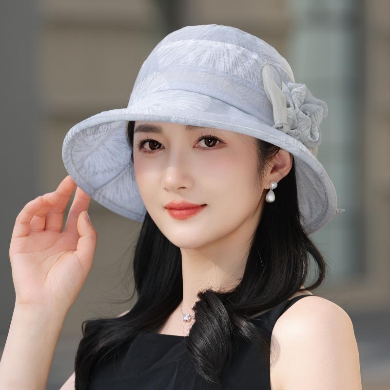 WTEMPO Women's Elegant Organza Flower Sun Hat Lightweight Mesh Bucket Hat with Floral Detail Breathable Casual Cap for Mature Ladies Spring Summer