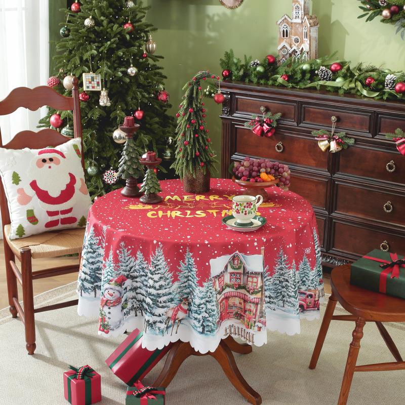 New Christmas Round Tablecloth Red Waterproof and Dustproof Holiday Decoration Table Cloth Stain Resistant and Wrinkle Resistant