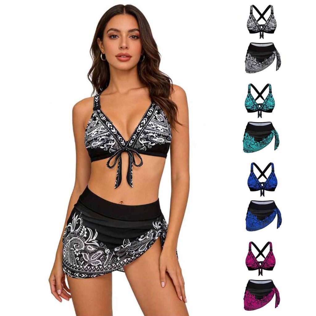 Womens Three Piece Bikini Set Ruched Gathered Swimwear Sexy 3 Piece Swimsuit with Cover Up Beach Vacation Bathing Suit