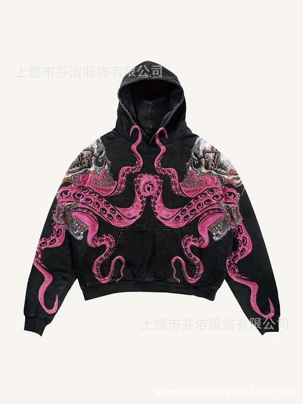 American Flame Skull Frame 3D Printed Hooded Sweatshirt, Vintage High Street Loose Trendy Brand Pullover Sweatshirt