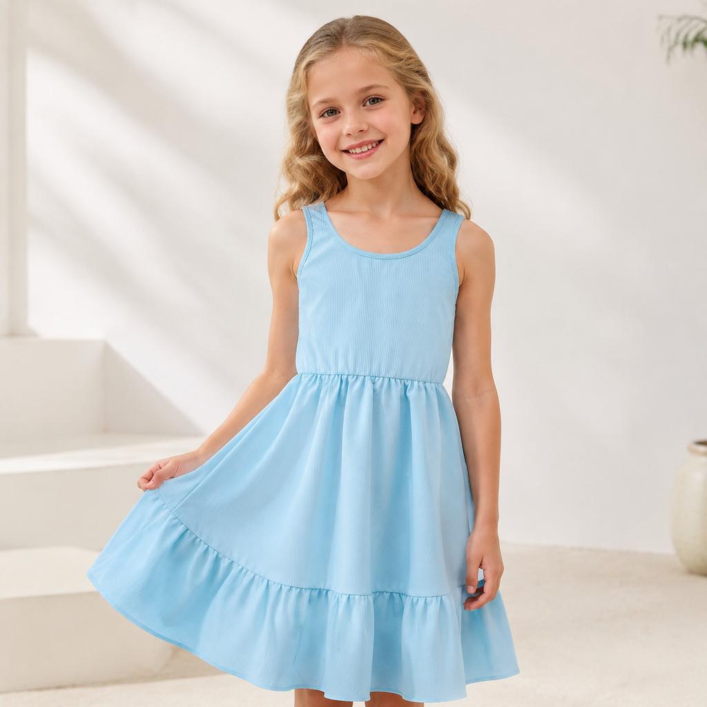 Sommerkleid für ältere Mädchen Neues lässiges ärmelloses Patchwork-Kleid im europäischen und amerikanischen Stil