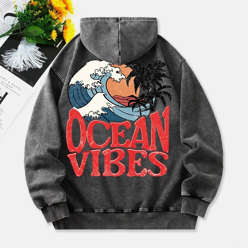 Ocean Vibes Washed Hoodies Women Sea Wave Prints Cotton Pullovers Long Sleeves Pocket Oversize Hooded Clothes