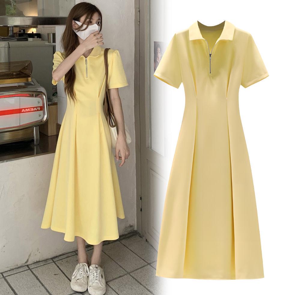 

French Summer Zipper Polo Dress: Waist-Slimming, A-Line, Short Sleeves, Fairy Look M зелений