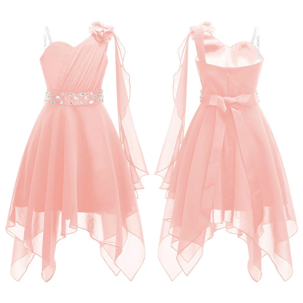 Girls One Shoulder Sleeveless Flower Girl Dress Kids Ruched Applique Pageant Wedding Bridesmaid Dresses
