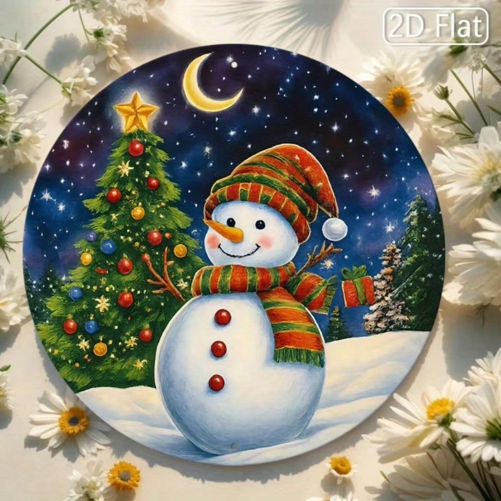 Snowman Tree Round Metal Wall Art Aluminum Sign Christmas Modern Home Decor