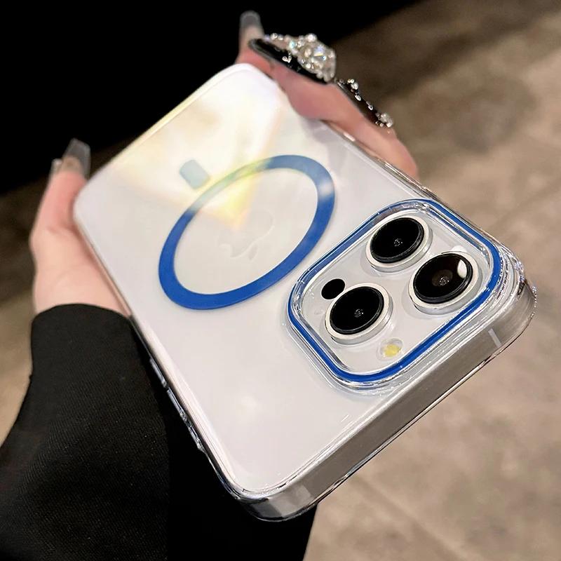 For Magsafe Phone Case For iPhone 17 16 15 14 13 Pro Max Plus 16e 17 Air Metal Buttons Transparent Clear PC Hard Cover