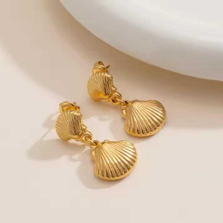 

Модные ювелирные изделия 18-каратного золота, классические двойные висячие серьги-подвески, женские водонепроницаемые серьги из нержавеющей стали с ракушками 8mm золотой