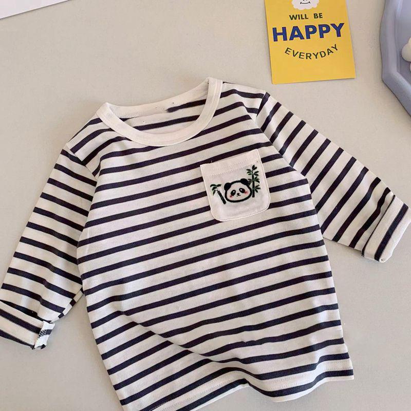 

Детская хлопковая полосатая футболка с длинным рукавом и карманом (Весна осень) 80