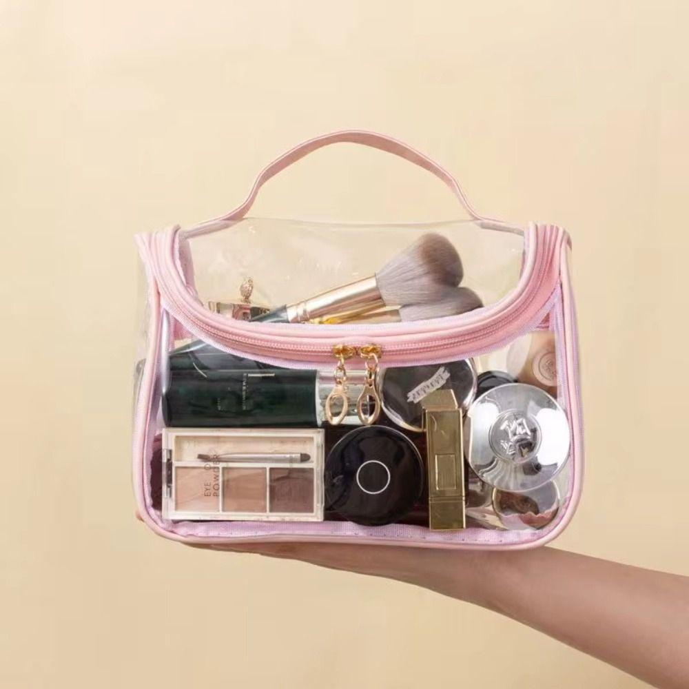 PVC Transparent Makeup Bag Solid Color Handheld Makeup Pouch Cute Mesh Cosmetic Bag  Lady