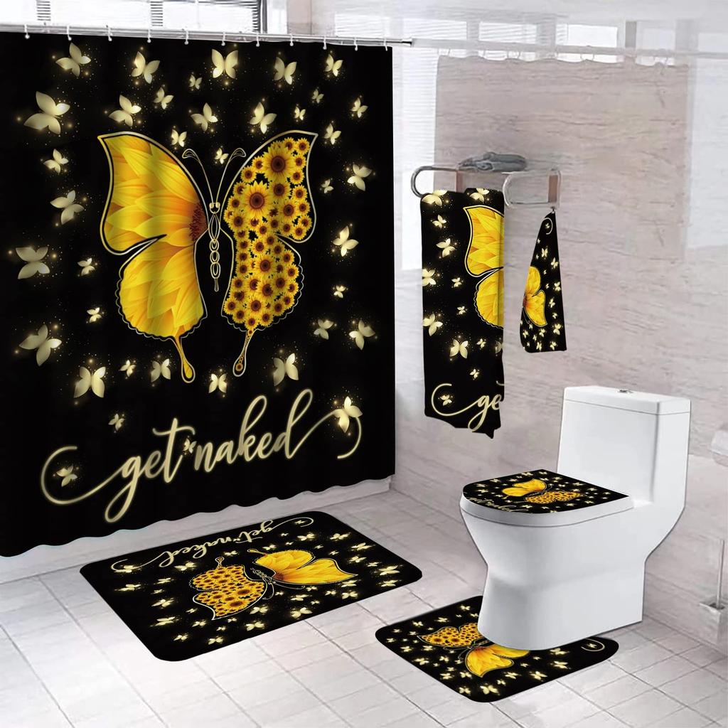 Sunflower Butterfly Waterproof Shower Curtain Bathroom Mats Set Toilet Lid Cover Rugs Anti Slip Carpets Shower Room Floor Mats