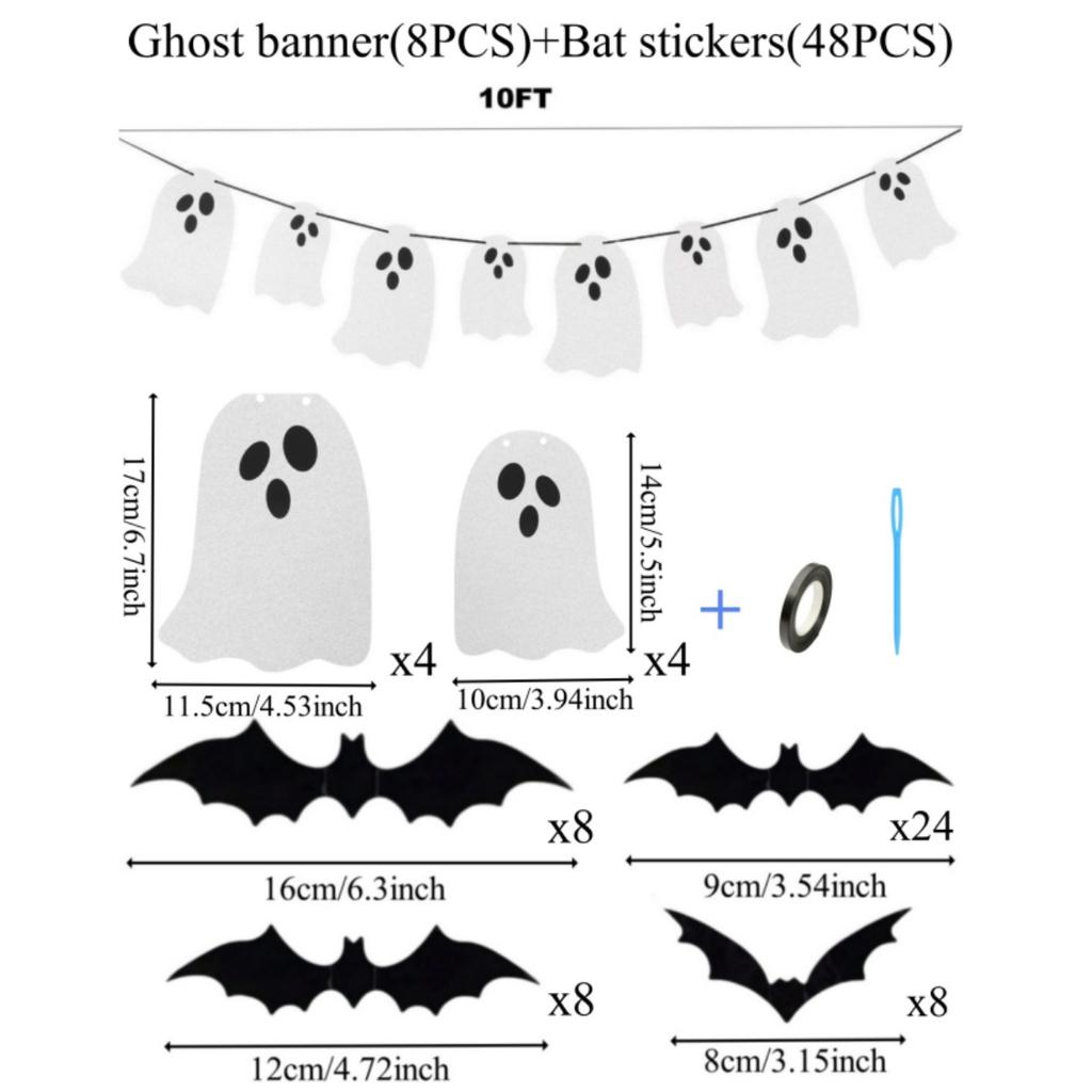 2pack Glittery Halloween Ghost Banner with12/ 24/48pcs 3D Scary Bat Stickers for Halloween Decoration Haunted Houses Decor