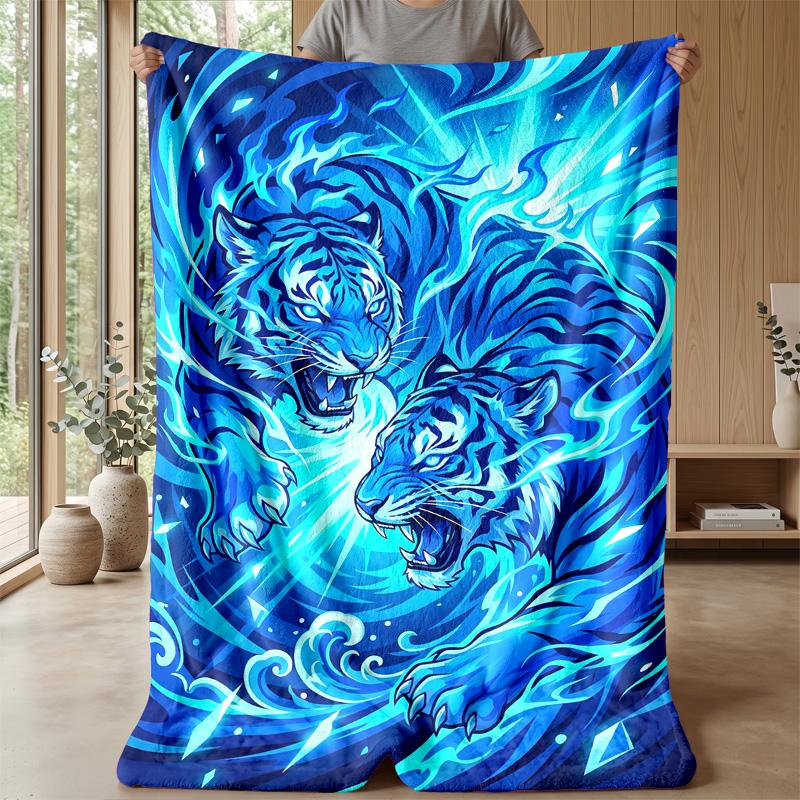 Blue Tigers In Flames Blanket Personalized Name Flannel Blanket Soft Cozy Plush Throw for Sofa Bed Lightweight Home Decor