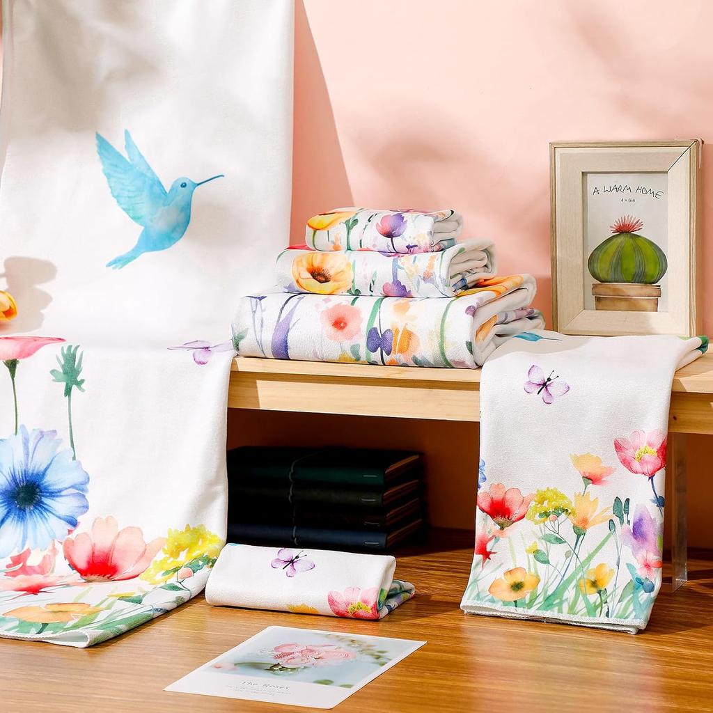Set of 6 Floral Towel Set Includes 2 Bath Towels 2 Hand Towels 2 Washcloths, Soft Absorbent Hand Towels Decorative Guest Towel Bathroom Towel Set, 3