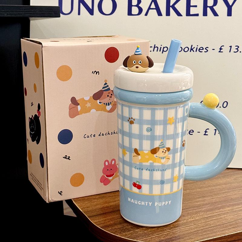Cartoon Straw Cup Large Capacity Ceramic Drinking Cup with Lid Cute Animal Breakfast Milk Cup Souvenir