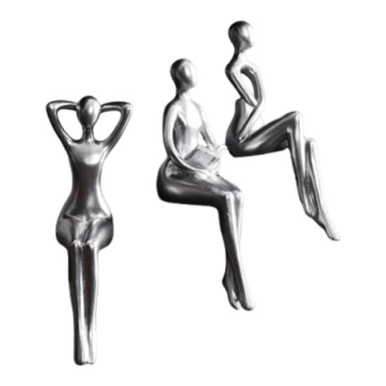 3 Pcs Resin Reading Statue Abstract Women Sculpture Sitting Thinker Bookshelf Figurine серебряный