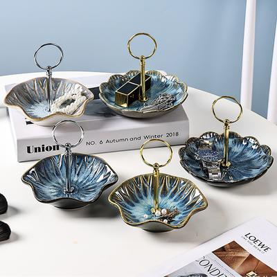 Ceramic Snack Dish Nordic Gold Handle Flower Shape Jewelry Plate High-end Jewelry Storage Tray Creative Desktop Ornaments