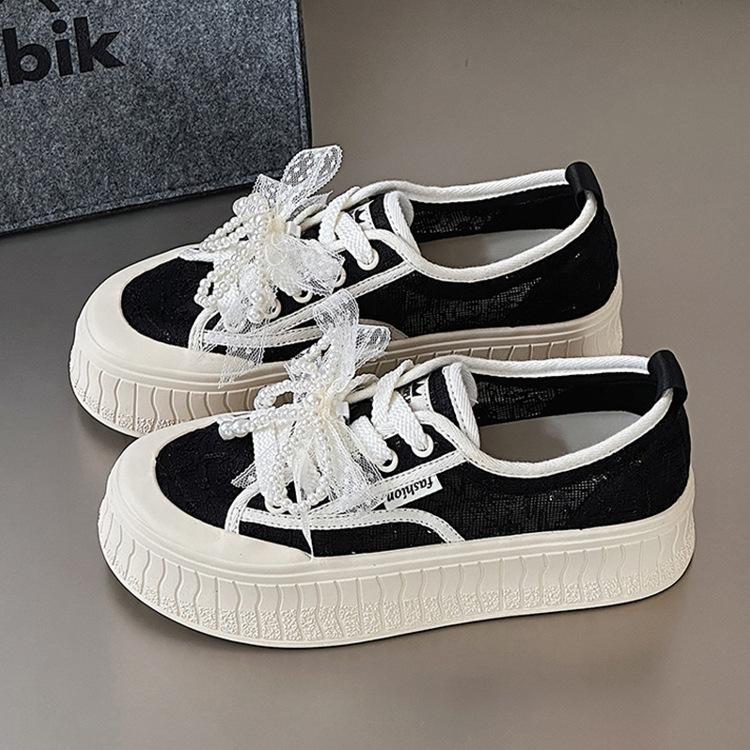 Lace Mesh Hollow Breathable Little White Shoes Women's Summer Pearl Bow Thick Sole Non-slip Biscuit Board Shoes