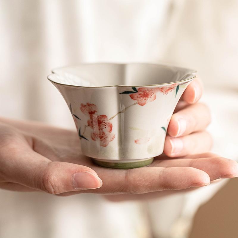White Porcelain Tea Tureen Handmade Peach Blossom Tea Bowl Ceramic Underglaze Teacups Chinese Kung Fu Gaiwan Teaware Drinkware