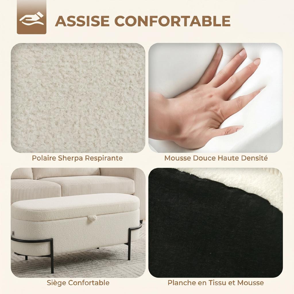 Storage Bench, Boucle Fabric, Lift-Up Lid, Steel Legs, Cream