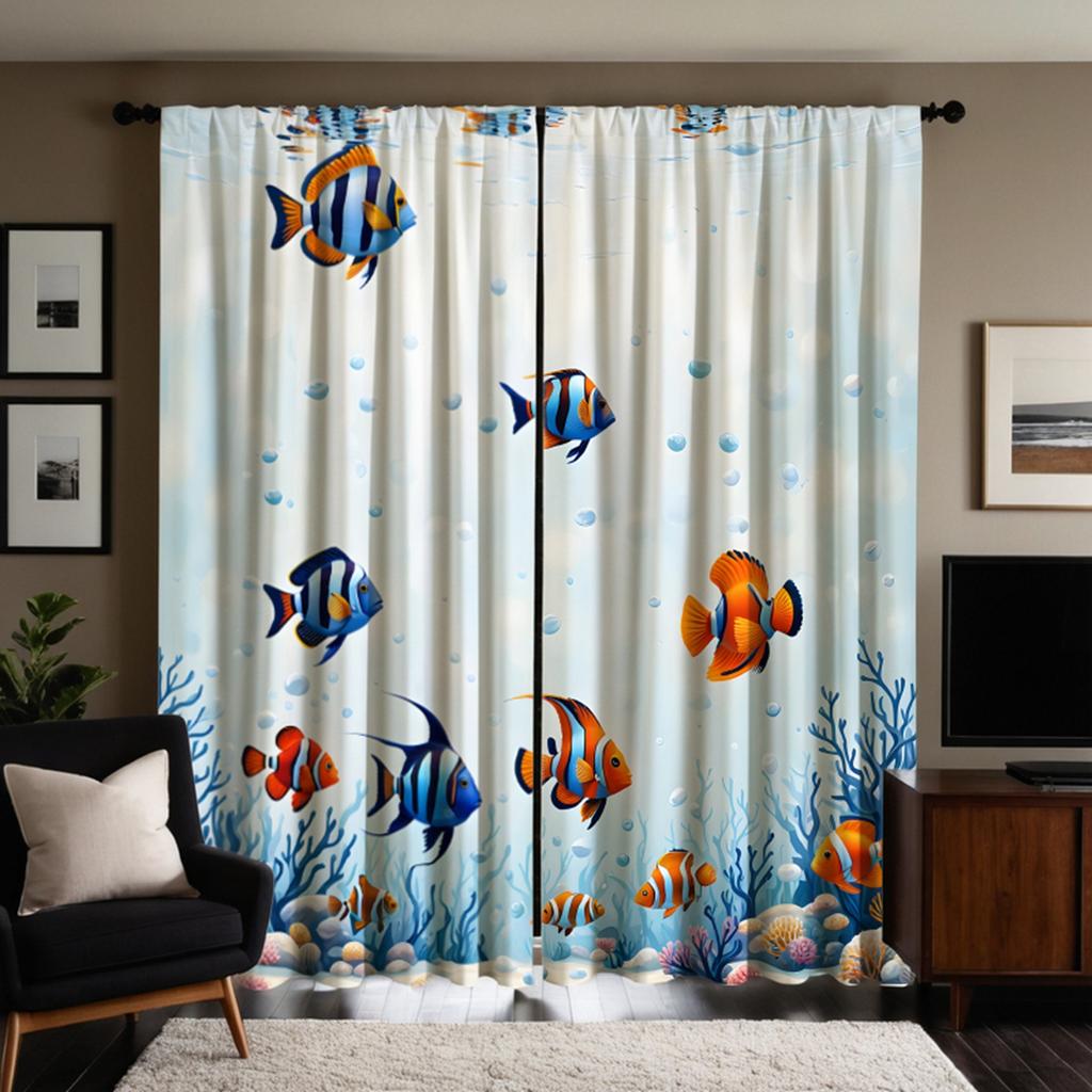 2 pieces of HD blue sea bottom goldfish coral decorative curtain white tie digital printed curtain Home decoration style decorat